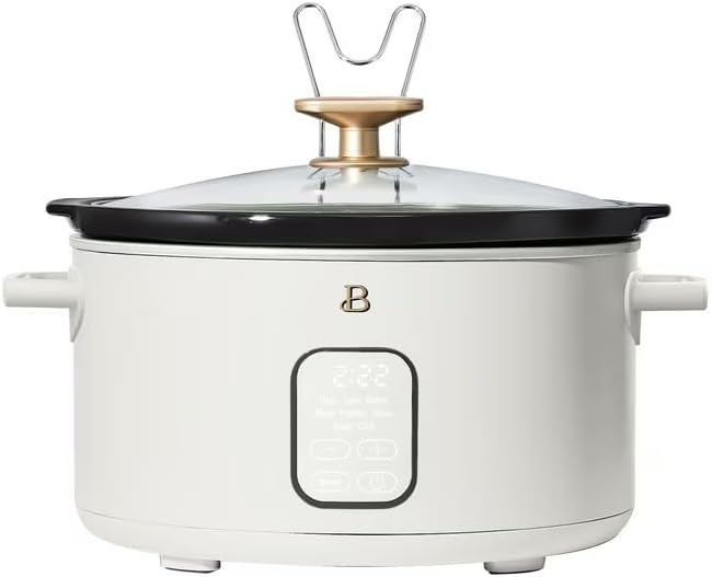 B 6 Qt Programmable Slow Cooker with Digital Timer, 5 Cooking Functions, Removable Ceramic Pot, Tempered Glass Lid, Dishwasher Safe (White Icing)