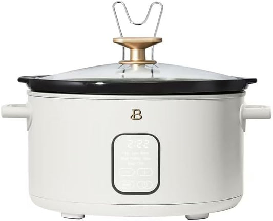 B 6 Qt Programmable Slow Cooker with Digital Timer, 5 Cooking Functions, Removable Ceramic Pot, Tempered Glass Lid, Dishwasher Safe (White Icing)