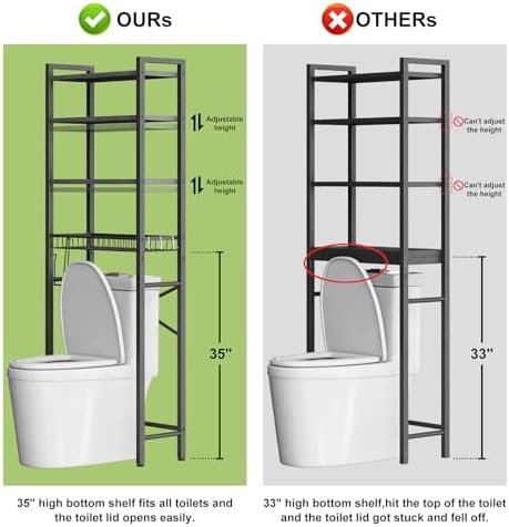 Kalrin Over-The-Toilet Storage Rack, 4-Tier Bathroom Organizer Shelf Over Toilet with Adjustable Shelf and Basket, Freestanding Space Saver Bathroom Shelves Above Toilet for Room (Pure Black)