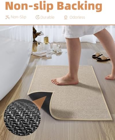 PADOOR Non-Slip Bath-Mats, Rubber-Backing Braided Absorbent Bathroom Mat Machine Washable Thin Bathroom Rugs Fit Under Door Quick Dry Bath Rugs for Floor, 17''x24'' Light Beige