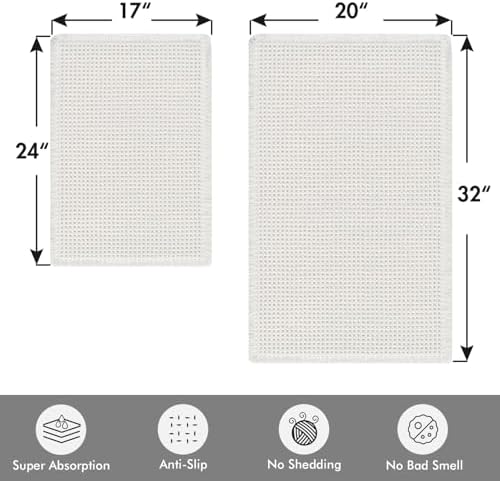MIULEE Set of 2 Waffle Bathroom Rugs Boho Bath Mat White 17"x24"+20"x32"