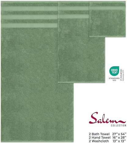 American Soft Linen Salem Turkish Bath Towel Set, 100% Cotton 600 GSM 6 Piece Towels for Bathroom, 2 Bath Towels 2 Hand Towels 2 Washcloths, Sage Green
