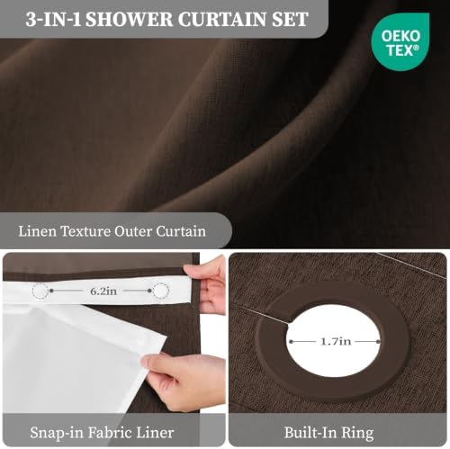 BTTN 72x81 Ringless Linen Textured Shower Curtain with Snap in Liner, Brown