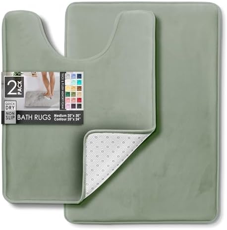 Clara Clark 2 Piece Bathroom Rugs, Velvet Memory Foam Bath Mat Set, Non-Slip Bath Rugs, Machine Wash, Dries Quickly, Ultra Soft Plush Bath Mats for Bathroom, 17 x 24 + Contour, Ice Green