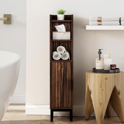 FerniTry Small Bathroom Storage Cabinet, Corner Floor Cabinet with Door and Shelves, Narrow Toilet Paper Cabinet, Bathroom Organizer with Adjustable Shelf, for Small Spaces (Walnut)