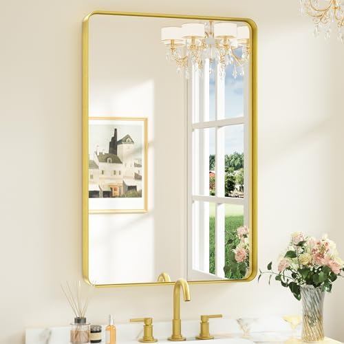 Keonjinn 24 x 36 Inch Gold Bathroom Mirrors for Over Sink, Tempered Glass
