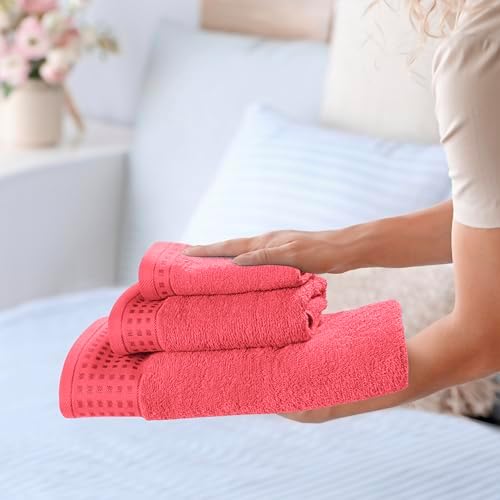 GLAMBURG Ultra Soft 3 Pack Cotton Towel Set, Contains a Bath Towel 28x55 inch, a Hand Towel 16x24 inch & a Wash Coth 12x12 inch, Ideal Everyday use, Compact & Lightweight - Coral Orange