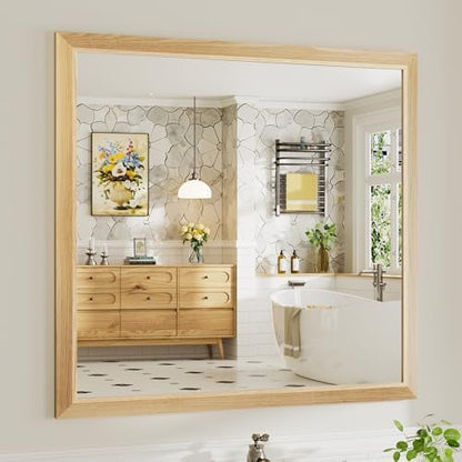 40x38 Inch Bathroom Mirror for Wall, Anti-Rust Oak Wood Grain Metal Framed Bathroom Mirrors for Over Sink,Rectangler Mirrors for Bathroom Vanity, Farmhouse, Bedroom, Living Room, Entryway Decor