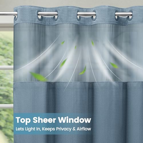 No Hook Waffle Shower Curtain with Snap in Liner Set, 71x74, Stone Blue