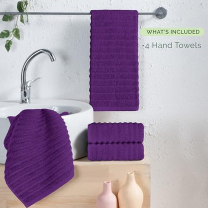 Elegant Comfort Luxury 100% Turkish Cotton Corduroy Ribbed 4 Pack Hand Towel Set 16 x 28 Inch - Absorbent, Super Soft, Quick Dry, Premium Towels for Bathroom, Gym, Spa and Hotel Use, Purple