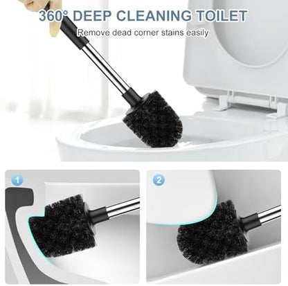 SetSail Toilet Brush and Holder 3 Pack, Self Closing Lid Toilet Bowl Brushes Holder Extra Long Handle Ventilated Toilet Brush Set for Bathroom Cleaning, Nylon Bristles, Black