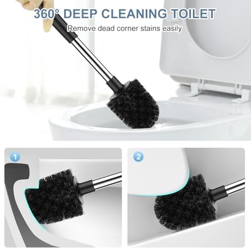 SetSail Toilet Brush and Holder, Self Closing Lid Toilet Bowl Brushes Holder and Extra Long Handle Ventilated Toilet Brush Set for Bathroom Cleaning, Nylon Bristles, 2 Packs-Black