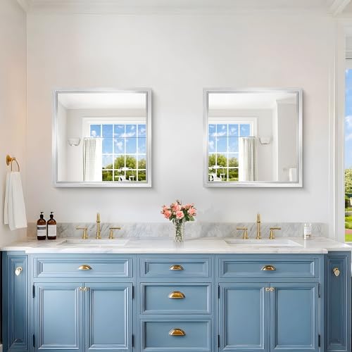 24 x 24 Silver Bathroom Mirror, Brushed Silver Square Mirror for Wall, 0.6" Thickened Deep Frame Mirrors for Bathroom Sink, Shatterproof Tempered Glass, Antirust, Horizontally or Vertically