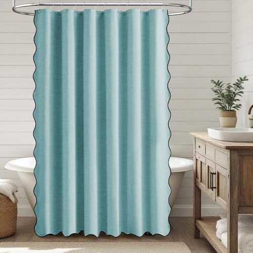 BTTN Teal Boho Scalloped Linen Textured Cloth Shower Curtain Set, 72x72