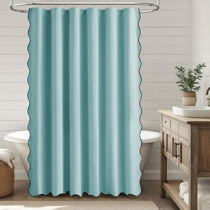 BTTN Teal Boho Scalloped Linen Textured Cloth Shower Curtain Set, 72x72