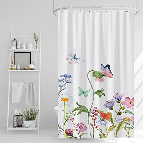 AWERT Butterfly Wildflowers Small Half Size Stall Shower Curtain with Hooks Shower Stall Curtain for Bathroom/RV and Camper 48 x 72