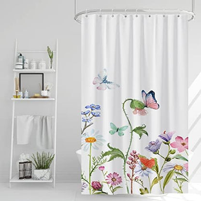 AWERT Butterfly Wildflowers Small Half Size Stall Shower Curtain with Hooks Shower Stall Curtain for Bathroom/RV and Camper 48 x 72