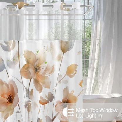 No Hook Shower Curtain and Liner Set, Orange Boho Floral 71x74