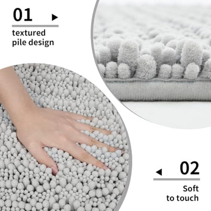 Disolla Silver Bathroom Runner Rug 24x60 Inch - Large Long Chenille Bath Mat, Thick Shaggy Plush Absorbent Floor Mat, Non-Slip Runner for Master Bathroom and Bedside