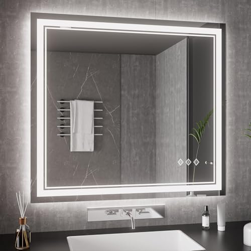 Bathroom Mirrors for Wall, 40x36 Inch Gradient Front and Backlight Lighted Mirror, 3 Colors Dimmable CRI>90 Double Lights, IP54 Enhanced Anti-Fog, Hanging Plates Wall Mount Smart Mirror