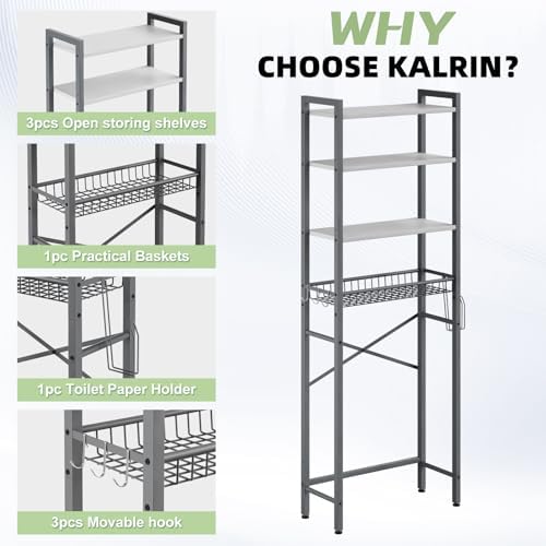 Kalrin Over-The-Toilet Storage Rack, 4-Tier Bathroom Organizer Shelf Over Toilet with Adjustable Shelf and Basket, Freestanding Space Saver Bathroom Shelves Above Toilet for Room (Gray- White)