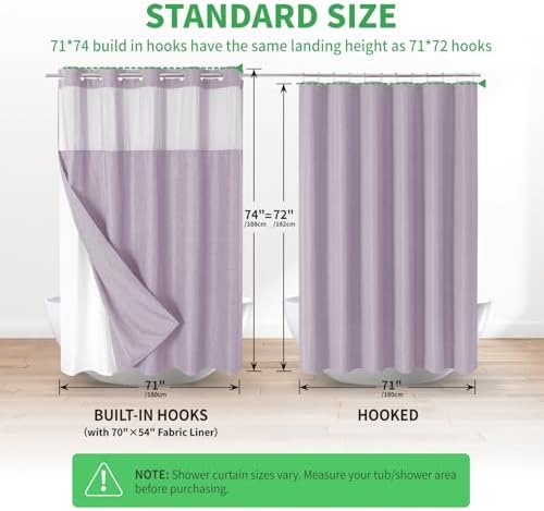 eachope No Hook Fabric Shower Curtain with Snap-in Liner,71x74 Lavender