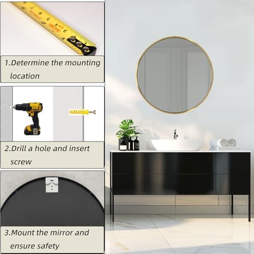 Round Gold Mirror 26 Inch, Brushed Gold Metal Frame, Circle Mirror