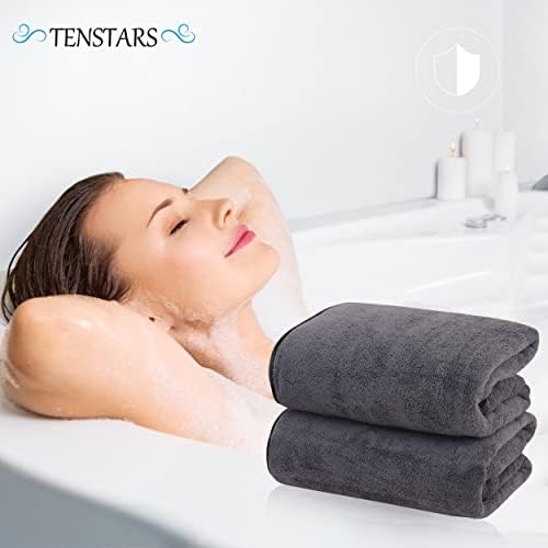 TENSTARS Silk Hemming Bath Towels for Bathroom Clearance - 27 x 55 inches - Light Thin Quick Drying - Soft Microfiber Absorbent Towel for Fitness, Sports, Yoga, Travel, Gym - 2 Pack, Dark Grey