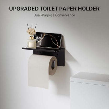 5-Piece 23.6 Inch Matte Black Bathroom Accessories Set, Bathroom Hardware Set, Stainless Steel Bath Towel Bar Set, Toilet Paper Holder with Shelf, Towel Hooks, Towel Ring Wall Mounted
