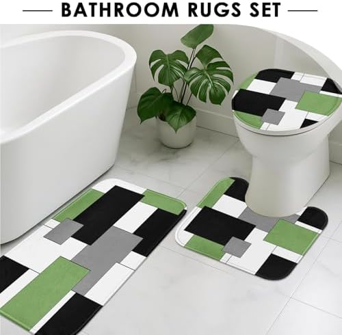 Bathroom Sets with Shower Curtain and Rugs, 4 Pcs, Geometric Sage
