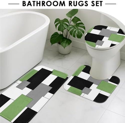 Bathroom Sets with Shower Curtain and Rugs, 4 Pcs, Geometric Sage