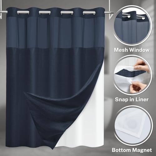 No Hook Waffle Shower Curtain with Snap in Liner Set, 54x80, Navy Blue