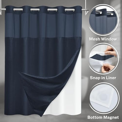 No Hook Waffle Shower Curtain with Snap in Liner Set, 54x80, Navy Blue