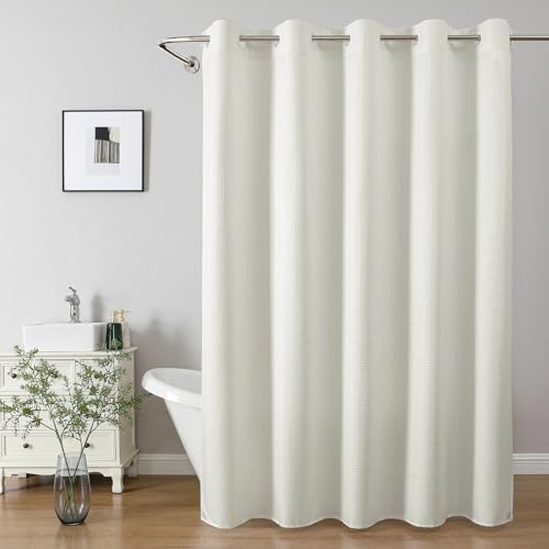 No Hook long Waffle Shower Curtain, No Liner Needed, 71x86 Inch, Cream