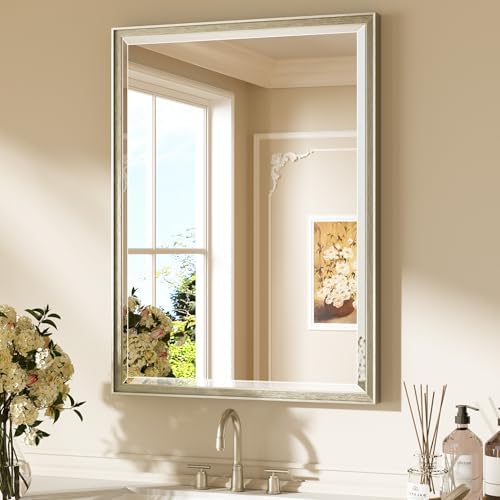 Keonjinn 24"x32" Brushed Nickel Mirror for Bathroom Sink, HD Tempered Glass
