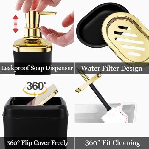 XLHOMO Bathroom Set - Black and Gold Bathroom Accessories, Bathroom Sets with Shower Curtain and Rugs, Black Shower Curtain Set with Bathroom Trash Can, Soap Dispenser, Soap Dish for Home Decor