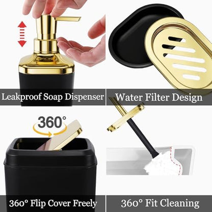 XLHOMO Bathroom Set - Black and Gold Bathroom Accessories, Bathroom Sets with Shower Curtain and Rugs, Black Shower Curtain Set with Bathroom Trash Can, Soap Dispenser, Soap Dish for Home Decor