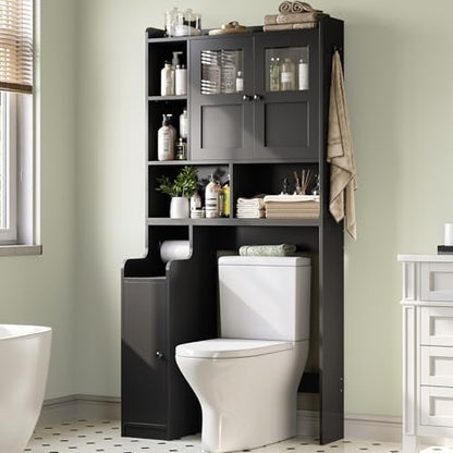 Itaar Over The Toilet Storage Cabinet, Over Toilet Bathroom Organizer with Glass Doors & Toilet Paper Holder Stand, Home Space-Saving Toilet Rack, for Bathroom, Restroom, Laundry(Black)