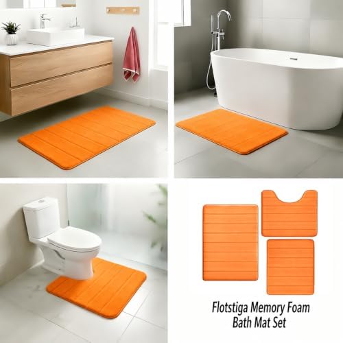 Memory Foam Bath Mat Set 3 Piece，Super Soft Absorbent Bathroom Rug Non Slip, Quick Dry,Machine Wash, Perfect Plush Bathroom Rugs,Home Decor Accessories,Orange