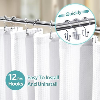 Vipfree 3 in 1 Shower Curtain Set, Waffle Shower Curtain and Liner Set with 12 Double Sided Shower Curtain Hooks, 258GSM Luxury Weighted Cloth Shower Curtains for Bathroom, 72 W x 72 H, White