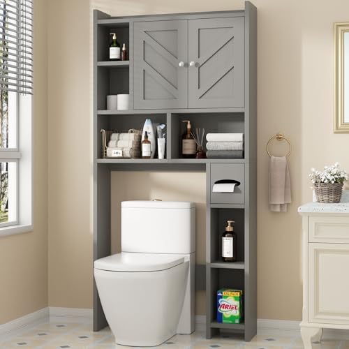 Shintenchi Over the Toilet Storage Cabinet, Bathroom Storage Cabient with Barn Doors, Bathroom Storage Shelf Organizer with Toilet Paper Holder, Adjustable Shelf and Anti-Tip Device, Gray