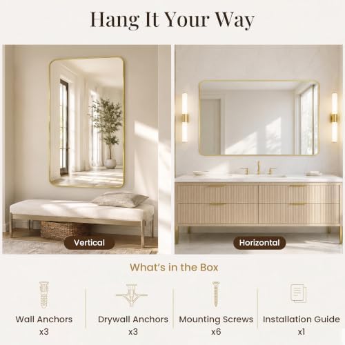 30x48 Inch Brushed Gold Rounded Rectangle Bathroom Vanity Mirror