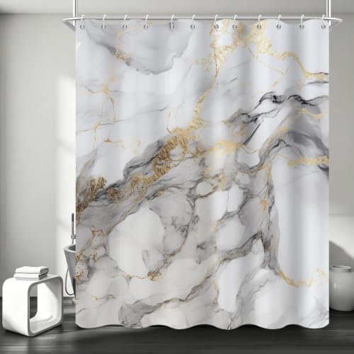 Grey Marble Shower Curtain Modern Abstract Luxury Gold Ink Texture Gray Ombre Watercolor Bathroom Curtain Set with Hooks Soft and Lightweight Waterproof Fabric Machine Washable 36" Wx72 L