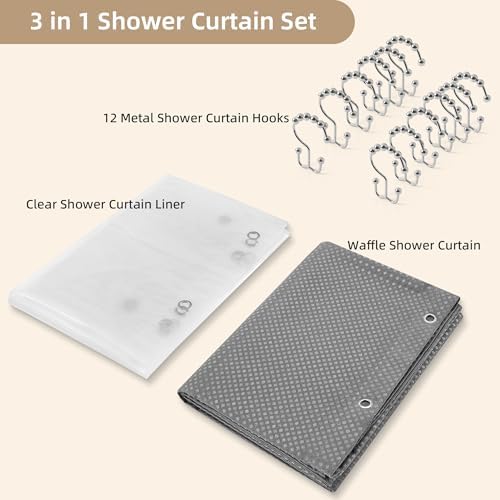Grey Shower Curtain and Liner Set, 3 in 1 Waffle Shower Curtain Set with 12 Double Sided Shower Curtain Hooks, Fabric Shower Curtains for Bathroom 72 x 72