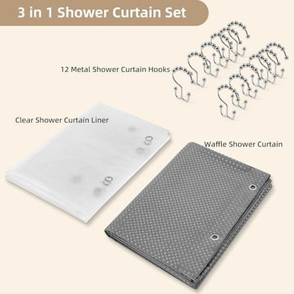 3 in 1 Shower Curtain Set, Waffle Shower Curtain and Liner Set with 12 Double Sided Shower Curtain Hooks, 72 x 84 Fabric Shower Curtains for Bathroom, Grey