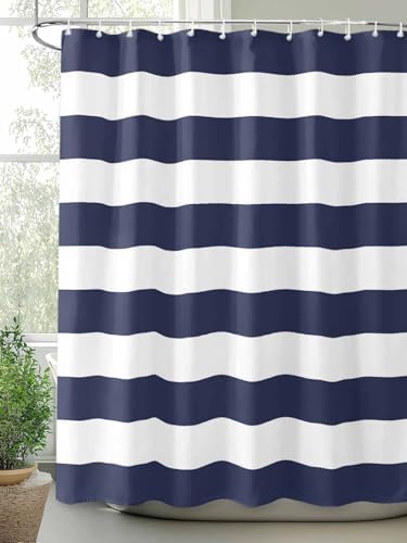 Shower Curtain Bathroom Set Navy Blue and White Stripe Waterproof Shower Curtains with Grommets Hooks Modern Stripes Pattern Privacy Bath Curtain for Bathtub Decor 60x72in