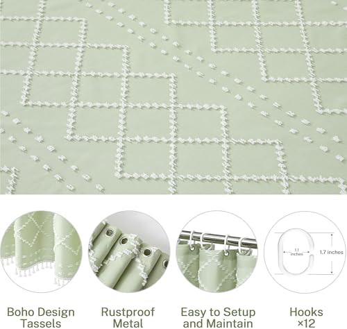 Extra Long Green Boho Shower Curtain - Woven Fabric Cute 84 Inch with Tassel, 72 x 84 Tufted Chevron Textured Striped Modern Farmhouse Minimalist for Bathroom