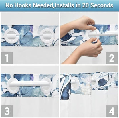 WITHLOC No Hook Floral Shower Curtain with Liner, Eucalyptus Blue, 71x80