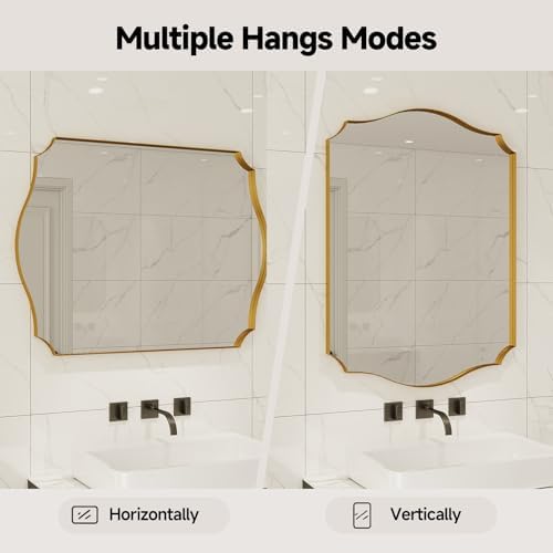 Gold Vanity Wall Mirror 36"x24", Scalloped Edge Bathroom Mirror