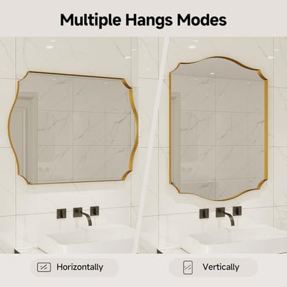 Gold Vanity Wall Mirror 36"x24", Scalloped Edge Bathroom Mirror